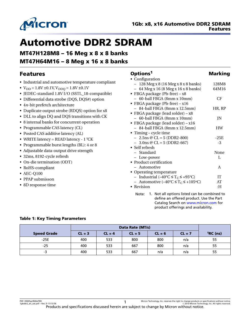 1Gb: X8, X16 Automotive DDR2 SDRAM Features Automotive DDR2 SDRAM MT47H128M8 – 16 Meg X 8 X 8 Banks MT47H64M16 – 8 Meg X 16 X 8 Banks