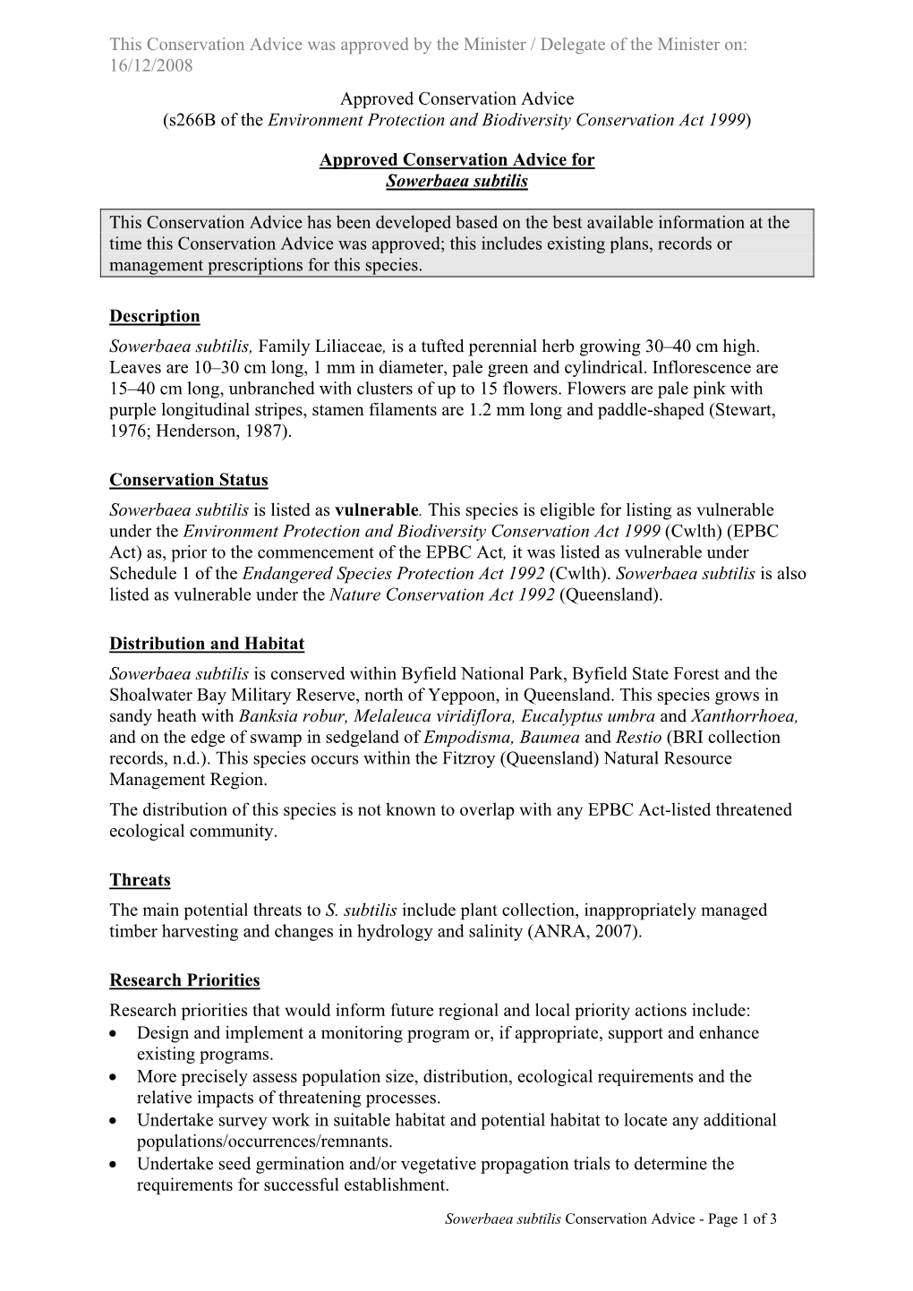 Approved Conservation Advice for Sowerbaea Subtilis