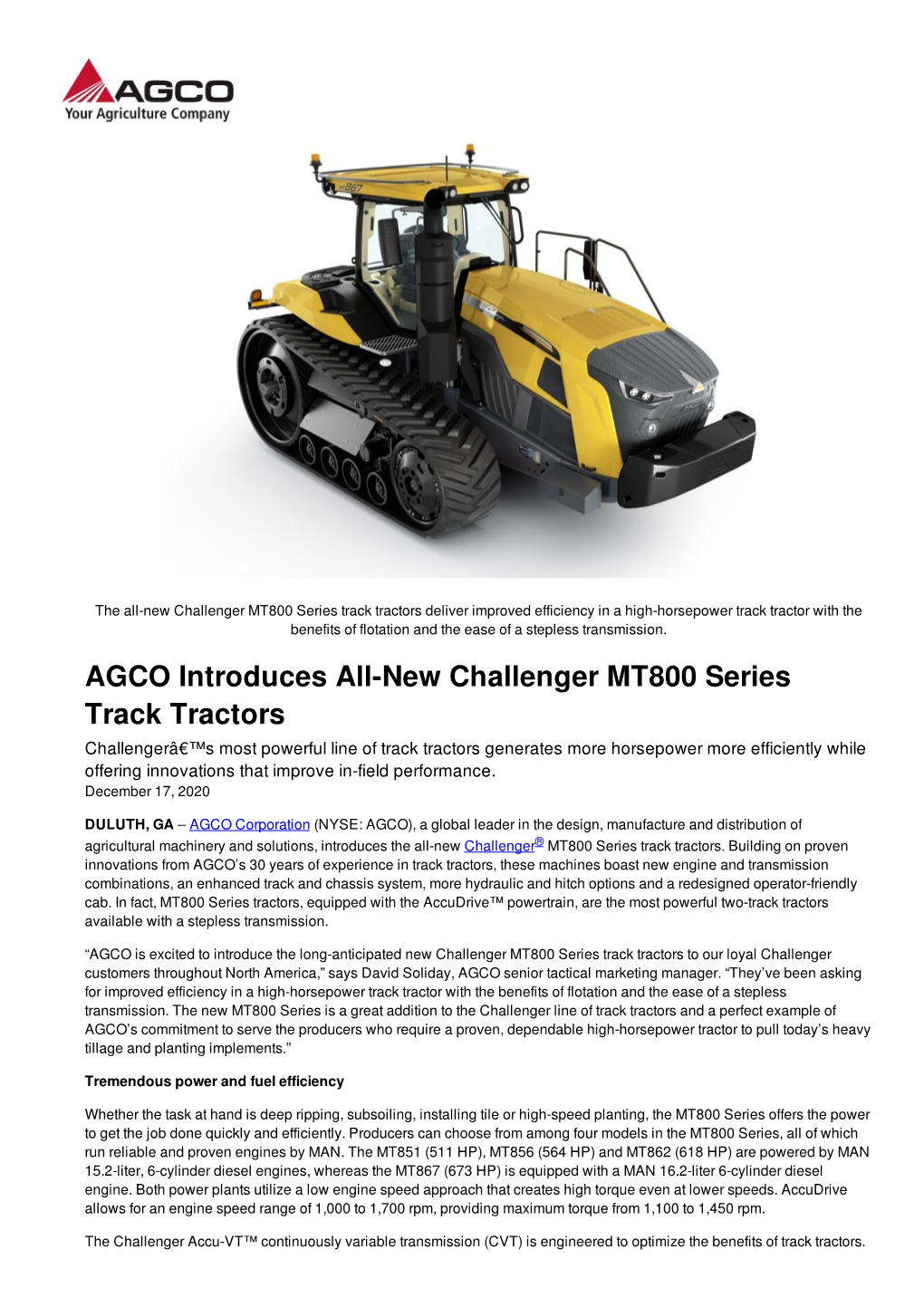 AGCO Introduces All-New Challenger MT800 Series Track Tractors