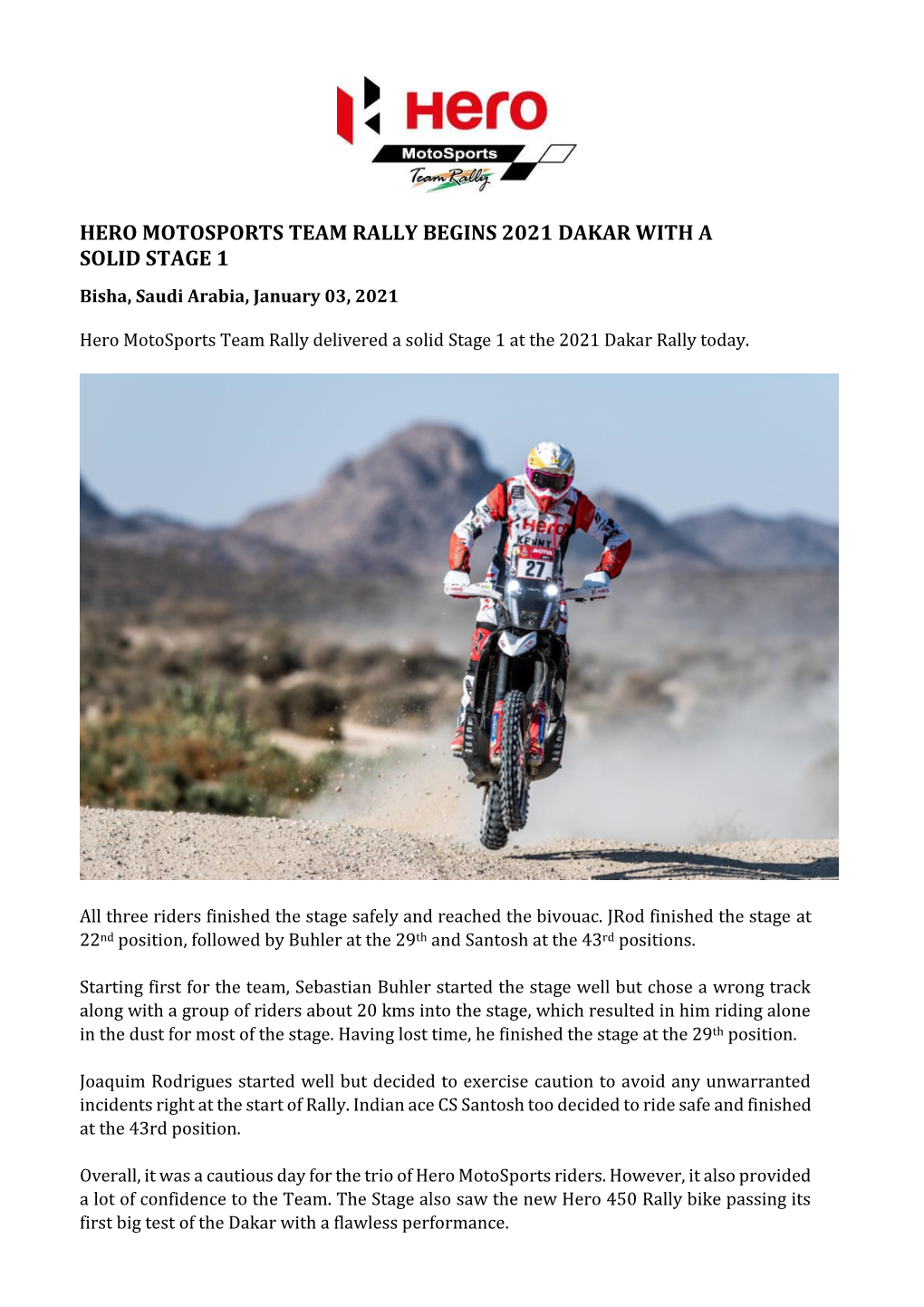 HERO MOTOSPORTS TEAM RALLY BEGINS 2021 DAKAR with a SOLID STAGE 1 Bisha, Saudi Arabia, January 03, 2021