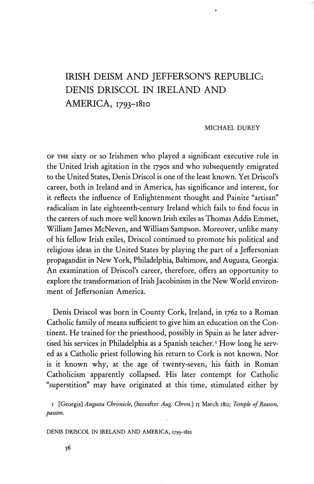 IRISH DEISM and JEFFERSON's REPUBLIC: DENIS DRISCOL in IRELAND and AMERICA, 1793-R8ro