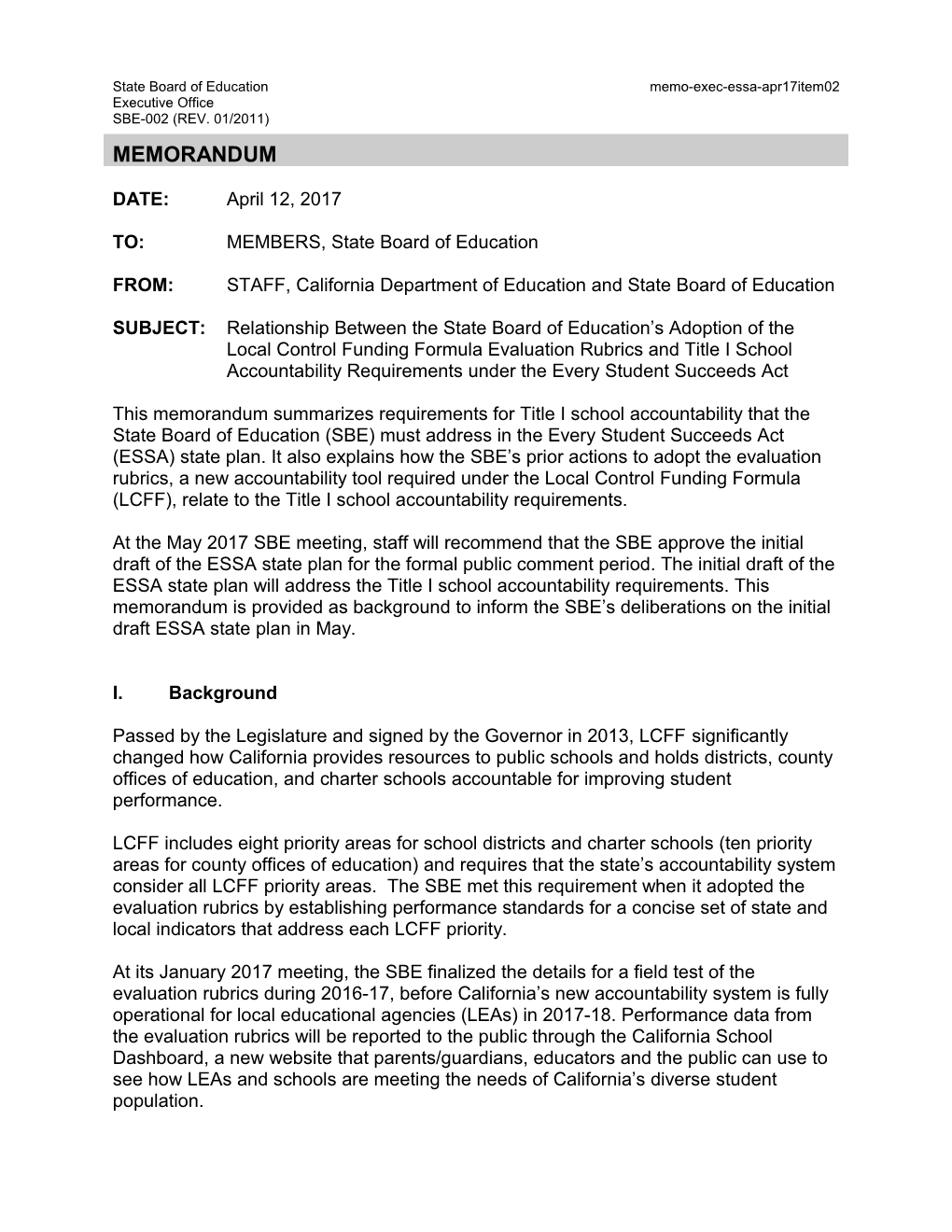 April 2017 Memo ESSA Item 02 - Information Memorandum (CA State Board of Education)