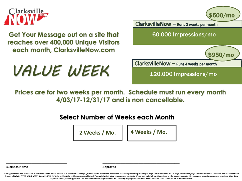 VALUE WEEK 120,000 Impressions/Mo