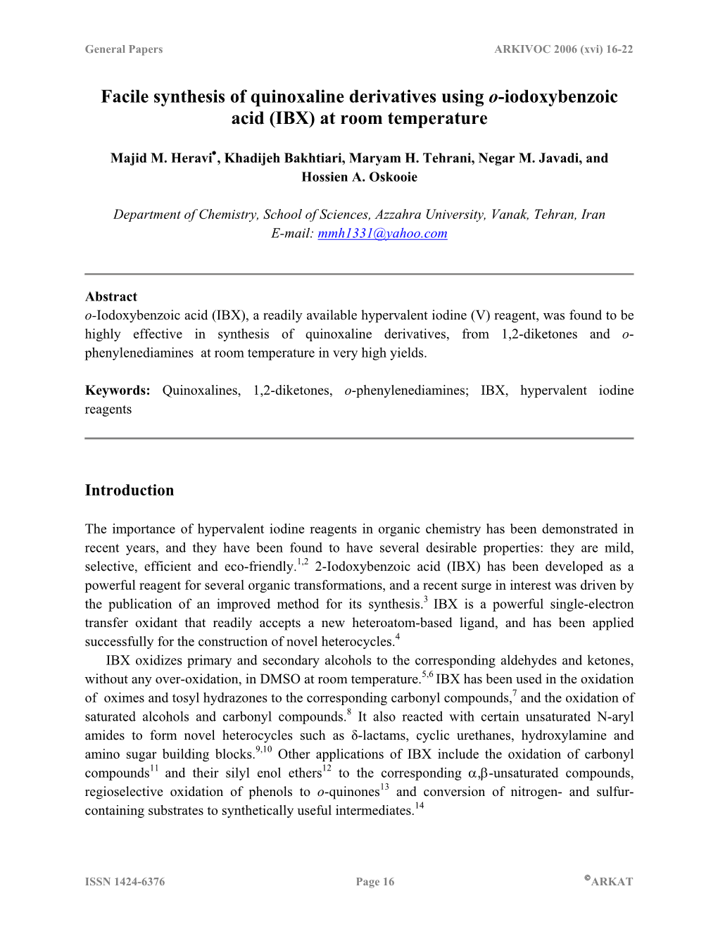 Facile Synthesis of Quinoxaline Derivatives Using O-Iodoxybenzoic Acid (IBX) at Room Temperature