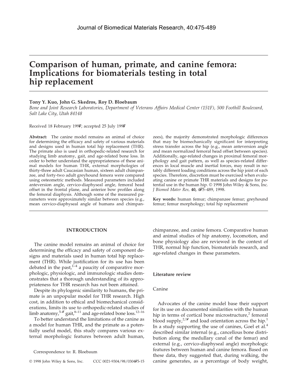 Comparison of Human, Primate, and Canine Femora: Implications for Biomaterials Testing in Total Hip Replacement