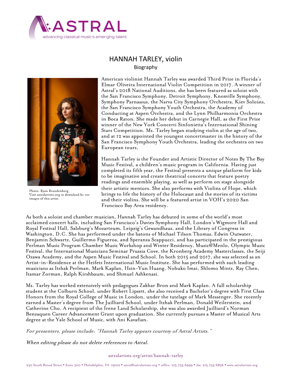 HANNAH TARLEY, Violin Biography