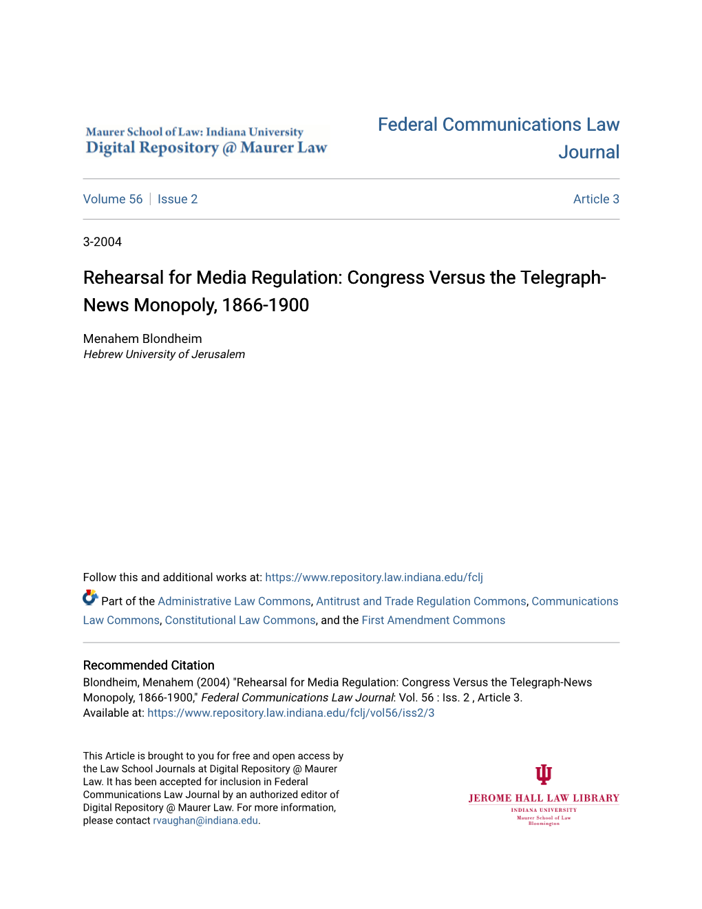 Congress Versus the Telegraph-News Monopoly, 1866-1900,