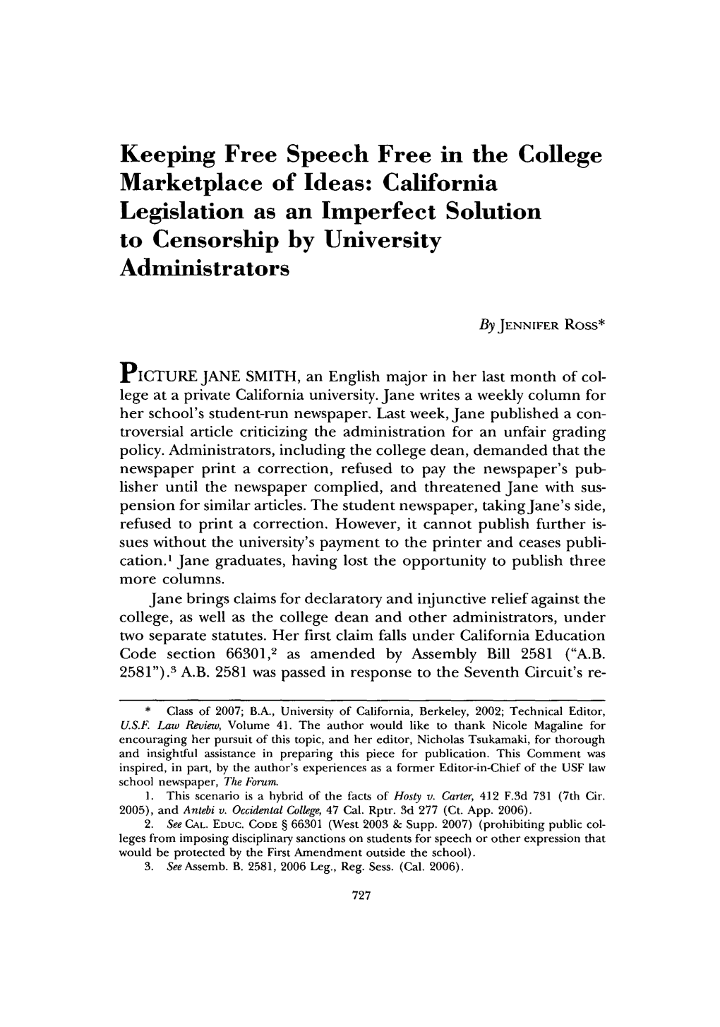 Keeping Free Speech Free in the College Marketplace of Ideas: California Legislation As an Imperfect Solution to Censorship by University Administrators