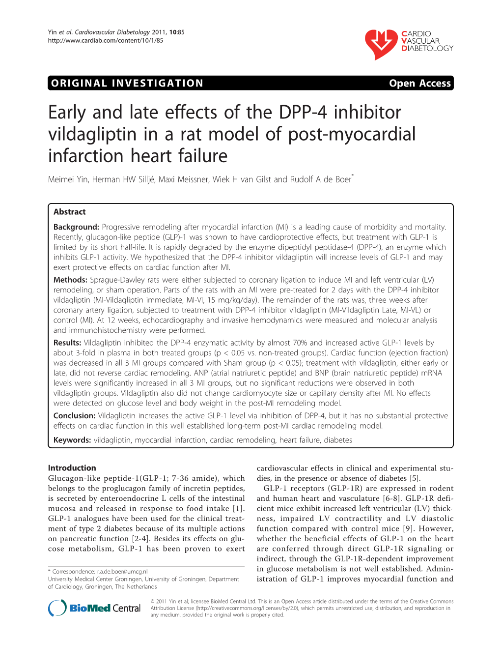 Early and Late Effects of the DPP-4 Inhibitor Vildagliptin in a Rat Model of Post-Myocardial Infarction Heart Failure