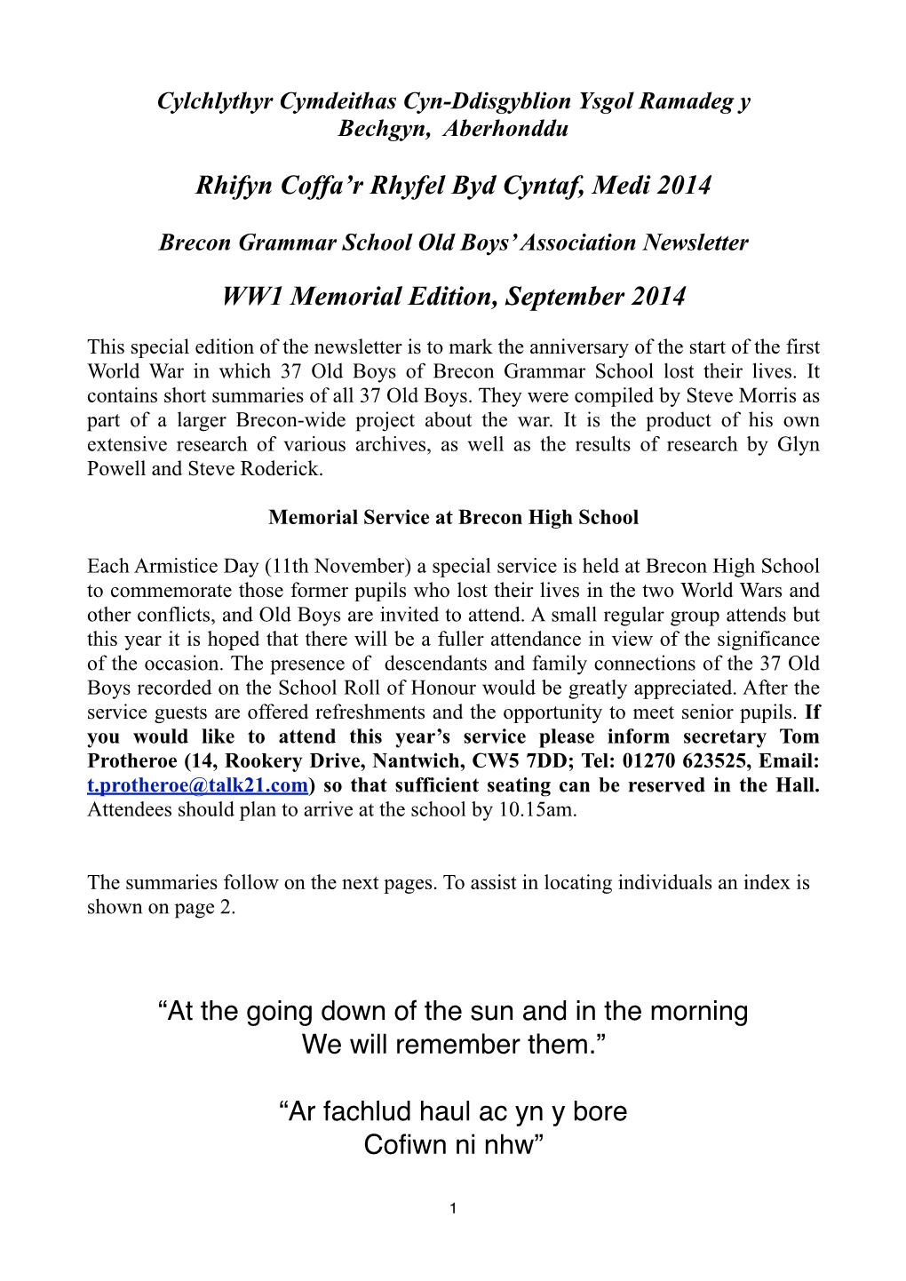 Brecon Grammar School Old Boys’ Association Newsletter