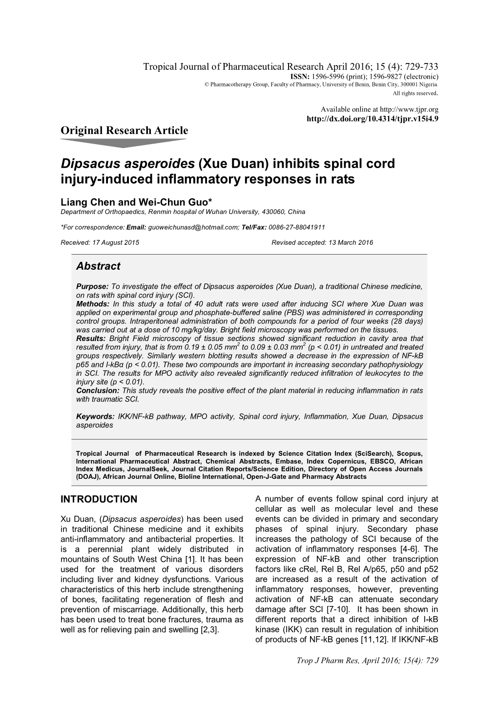 Dipsacus Asperoides (Xue Duan) Inhibits Spinal Cord Injury-Induced Inflammatory Responses in Rats