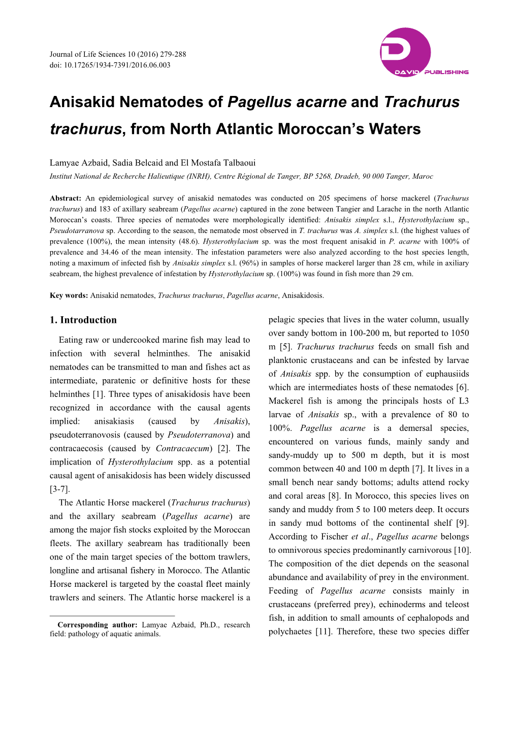 Anisakid Nematodes of Pagellus Acarne and Trachurus Trachurus, from North Atlantic Moroccan’S Waters