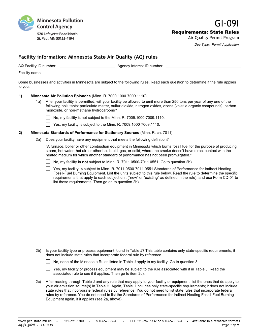 GI-09I Requirements State Rules - Air Quality Permit Program - Form