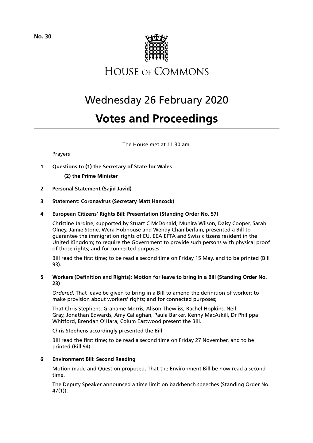 26 February 2020 Votes and Proceedings