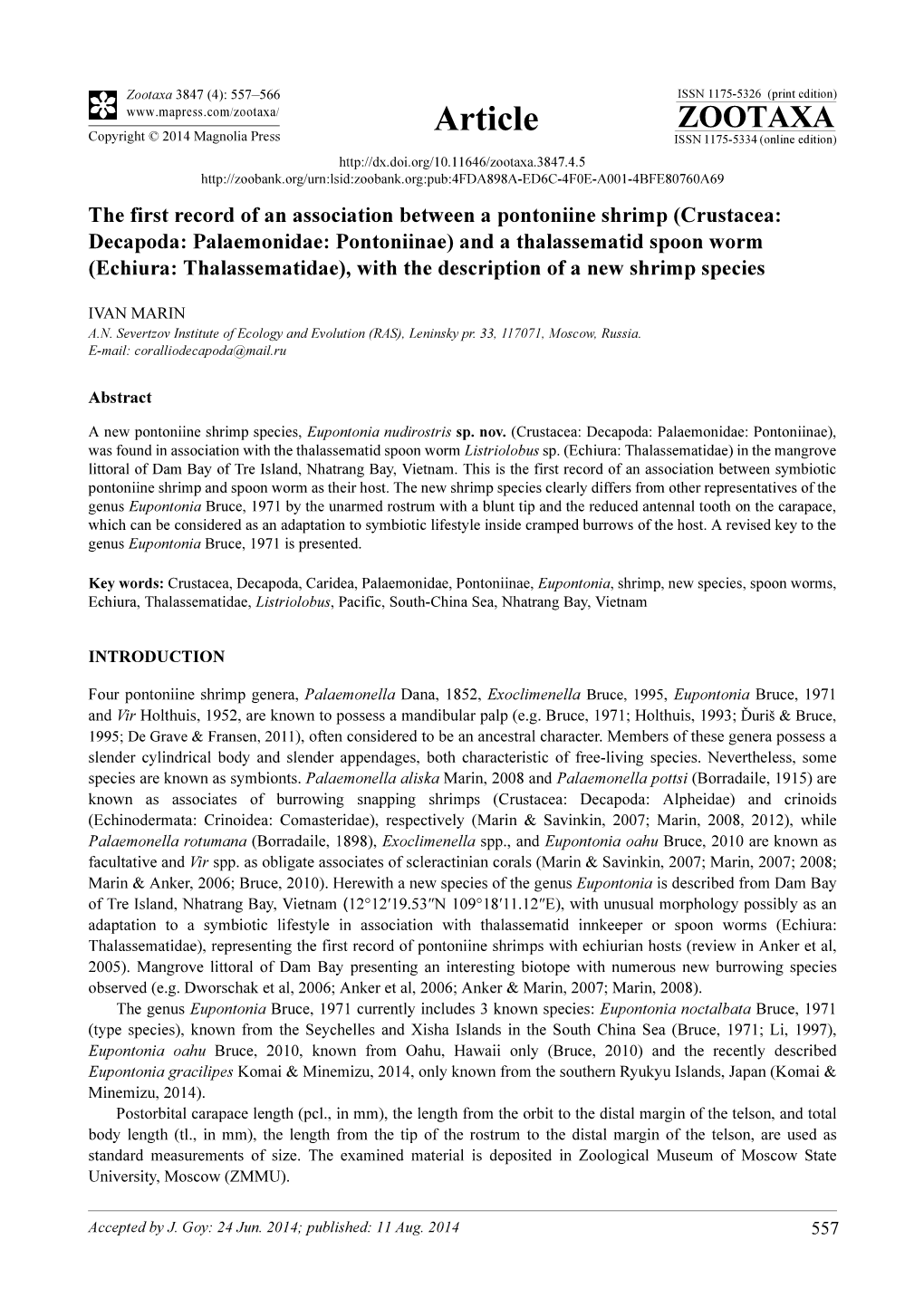 Crustacea: Decapoda: Palaemonidae: Pontoniinae) and a Thalassematid Spoon Worm (Echiura: Thalassematidae), with the Description of a New Shrimp Species