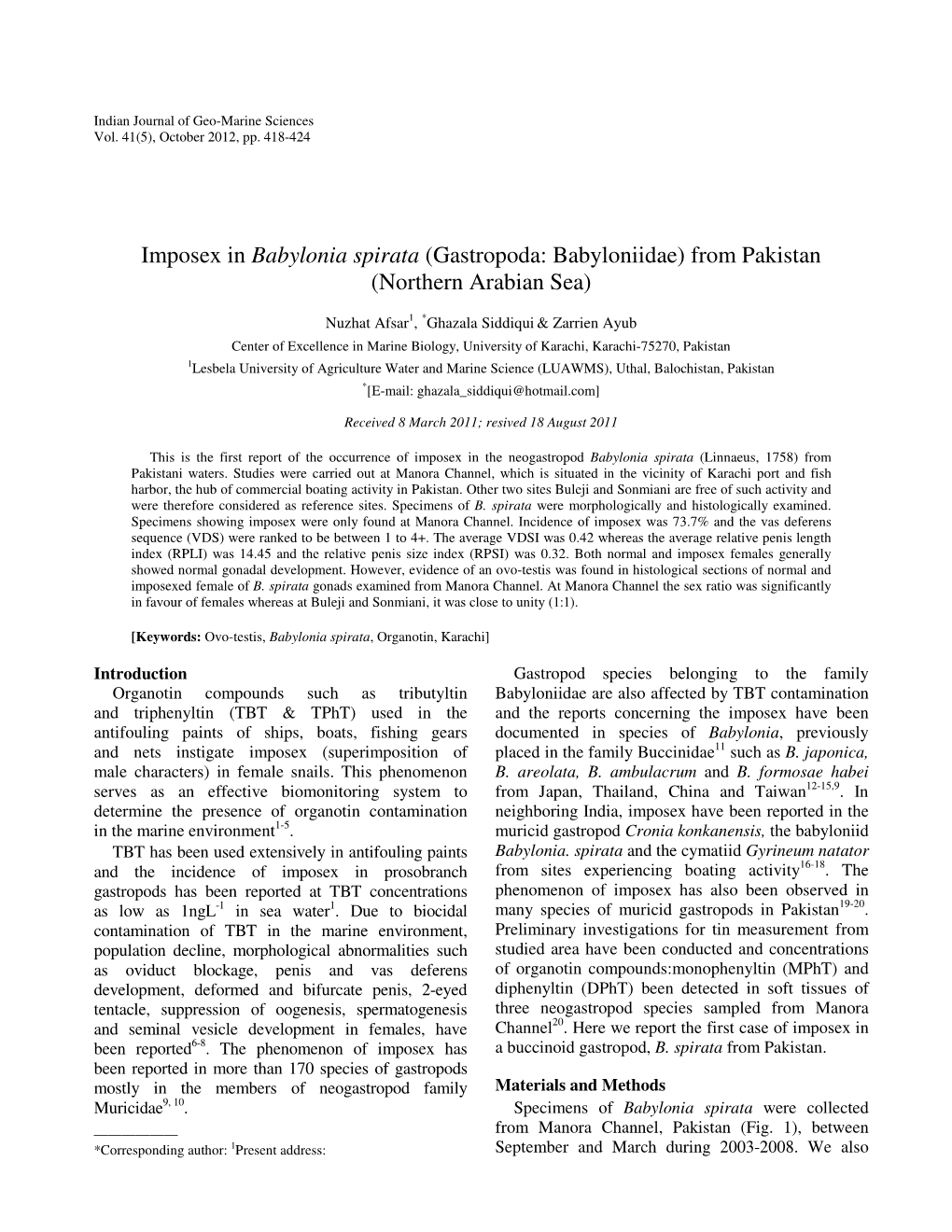 Imposex in Babylonia Spirata (Gastropoda: Babyloniidae) from Pakistan (Northern Arabian Sea)