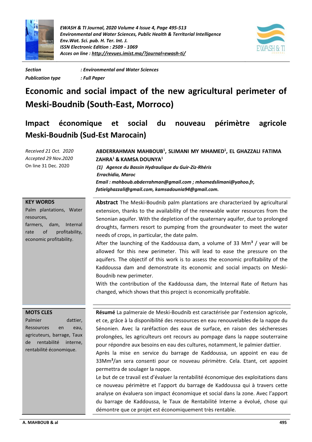 Economic and Social Impact of the New Agricultural Perimeter of Meski-Boudnib (South-East, Morroco)