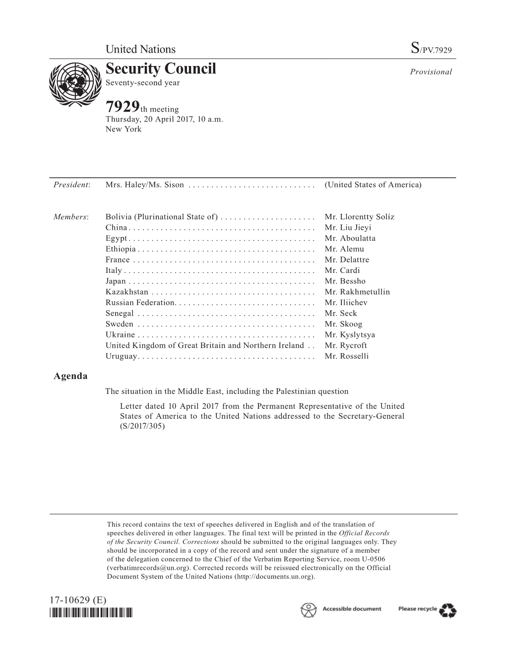 S/PV.7929 the Situation in the Middle East, Including the Palestinian Question 20/04/2017