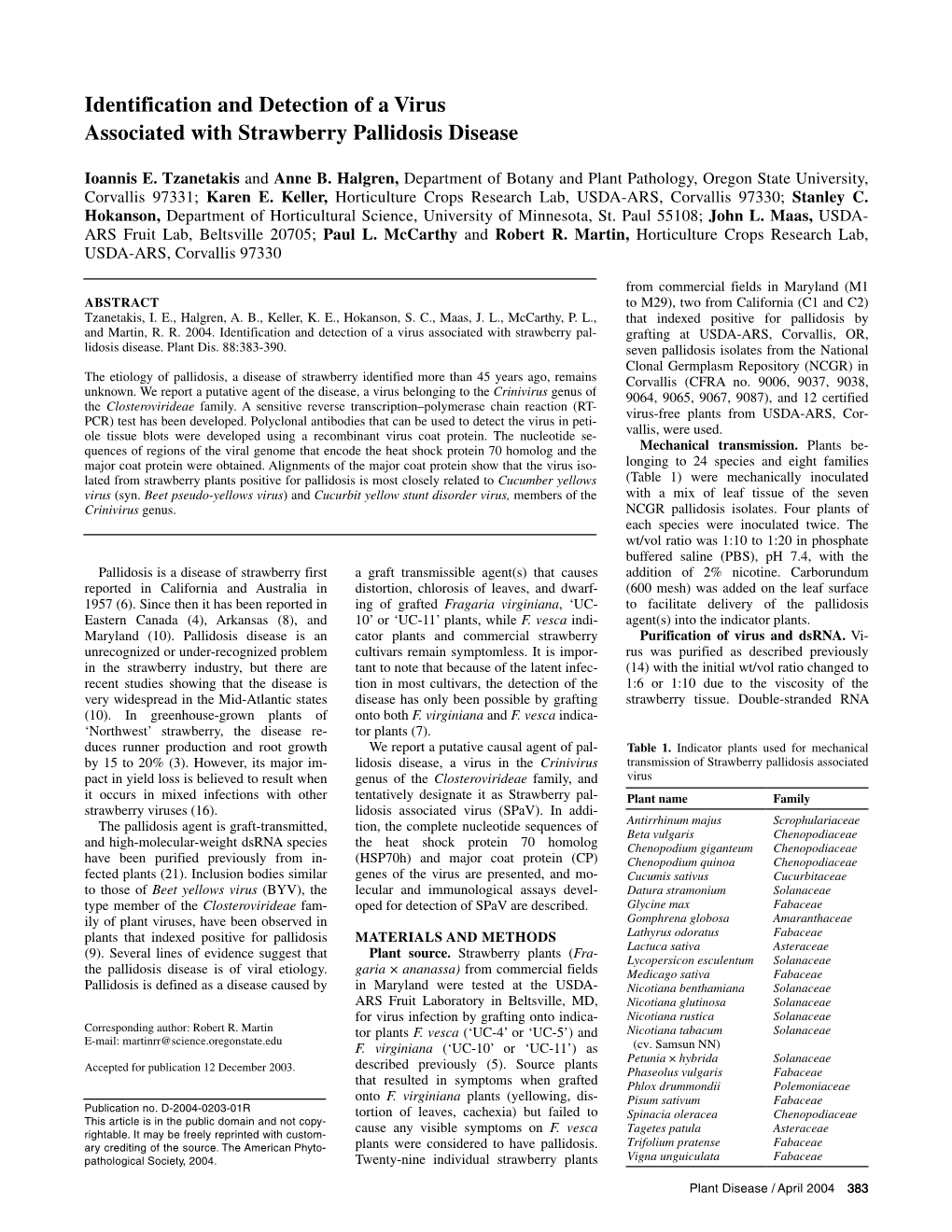 Identification and Detection of a Virus Associated with Strawberry Pallidosis Disease