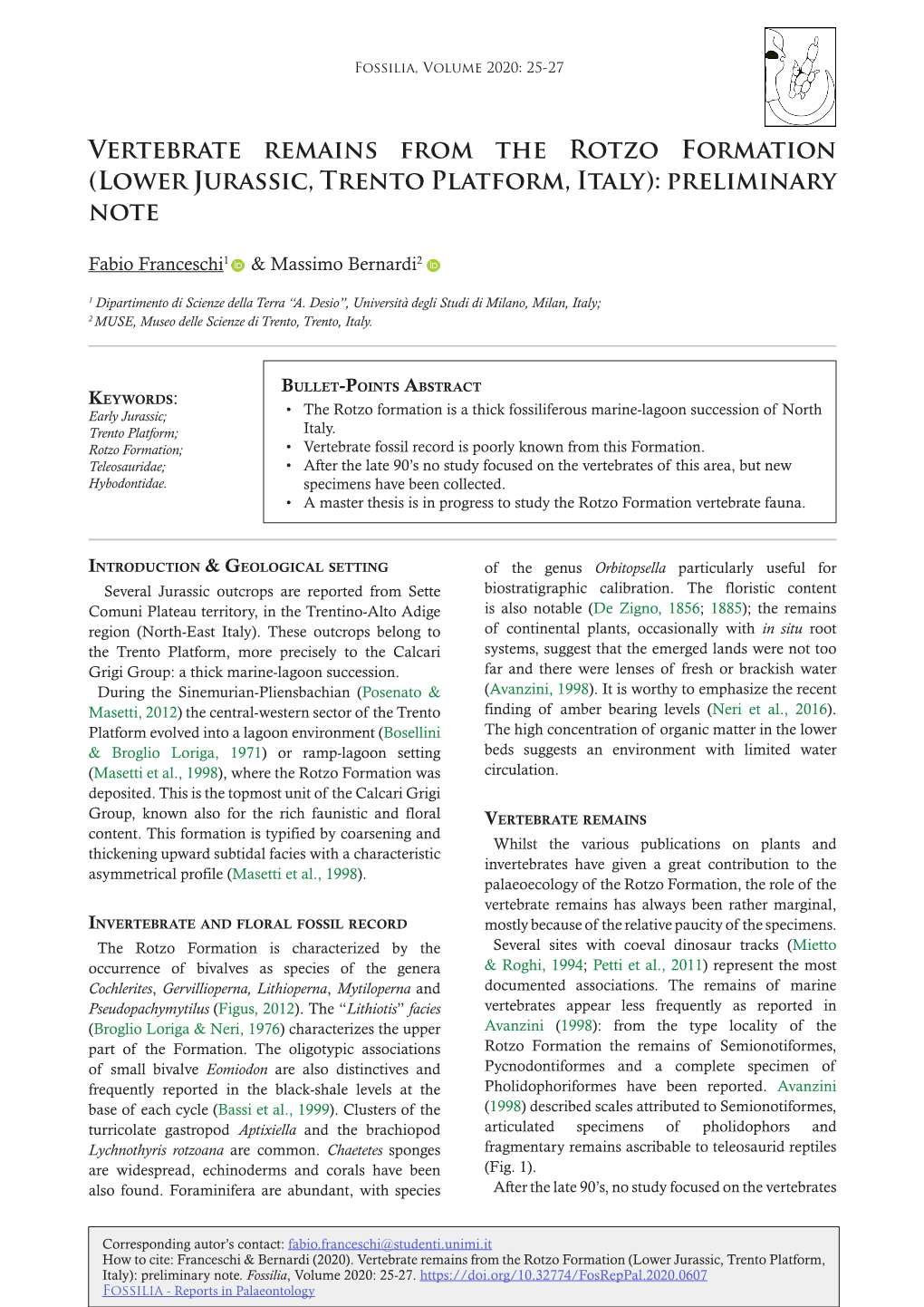 Vertebrate Remains from the Rotzo Formation (Lower Jurassic, Trento Platform, Italy): Preliminary Note