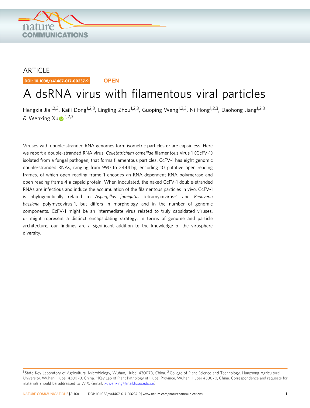 A Dsrna Virus with Filamentous Viral Particles