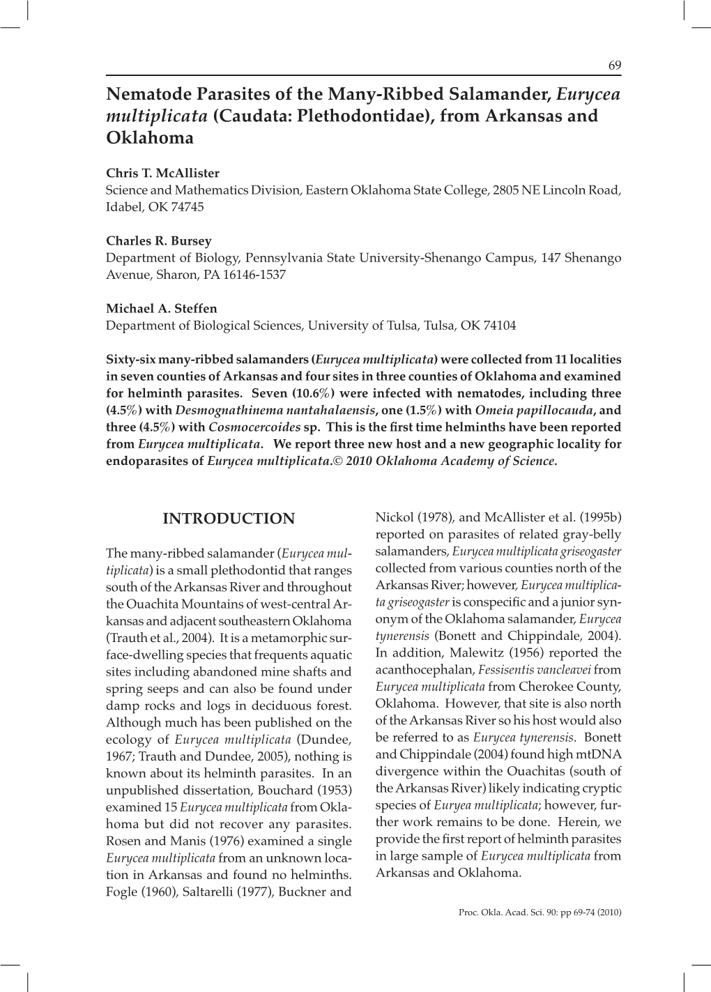 Nematode Parasites of the Many-Ribbed Salamander, Eurycea Multiplicata (Caudata: Plethodontidae), from Arkansas and Oklahoma