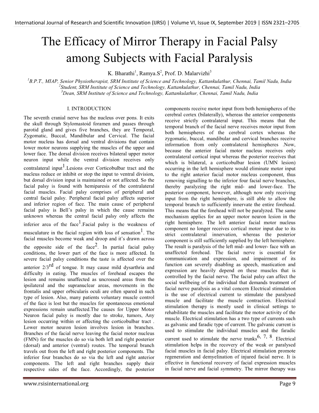 The Efficacy of Mirror Therapy in Facial Palsy Among Subjects with Facial Paralysis