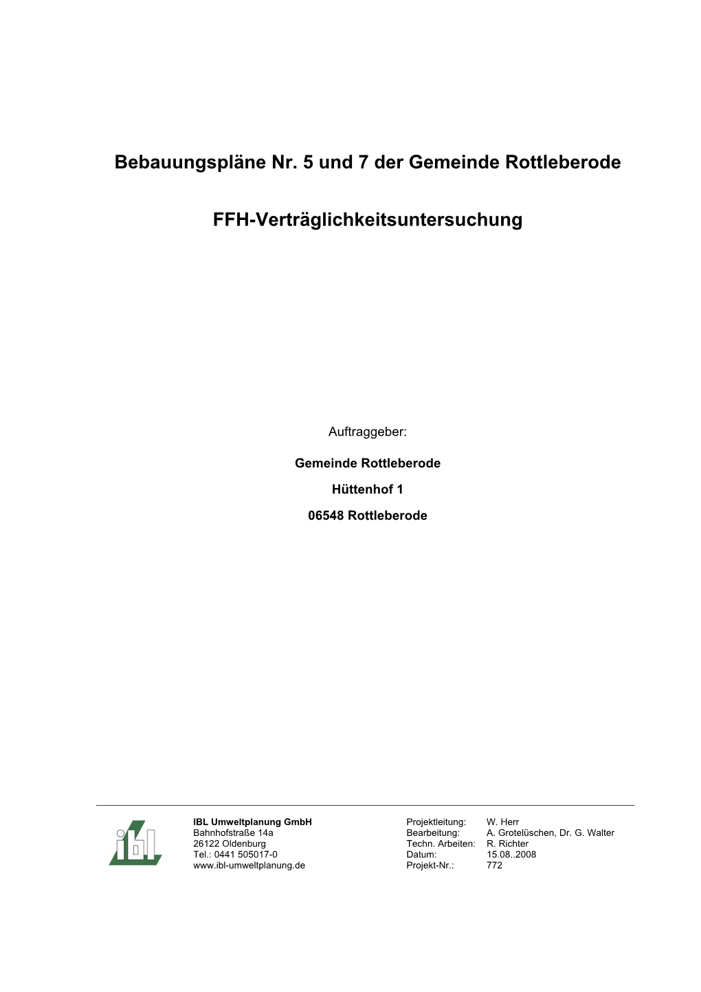 Bebauungspläne Nr. 5 Und 7 Der Gemeinde Rottleberode FFH