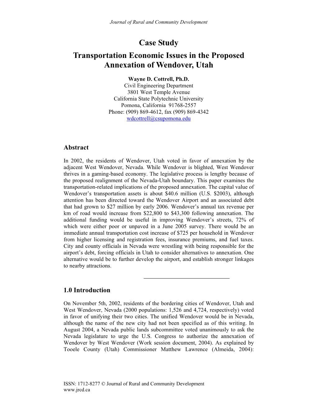 Case Study Transportation Economic Issues in the Proposed Annexation of Wendover, Utah