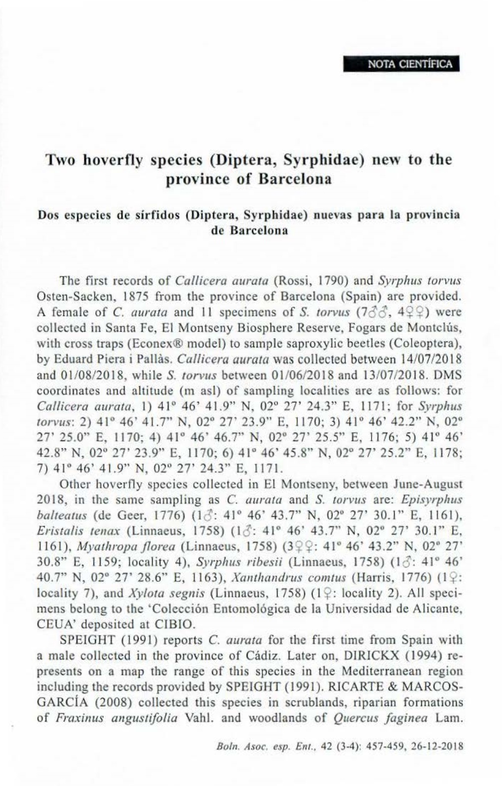 Two Boverfly Species {Diptera, Syrphidae) New to the Province of Barcelona