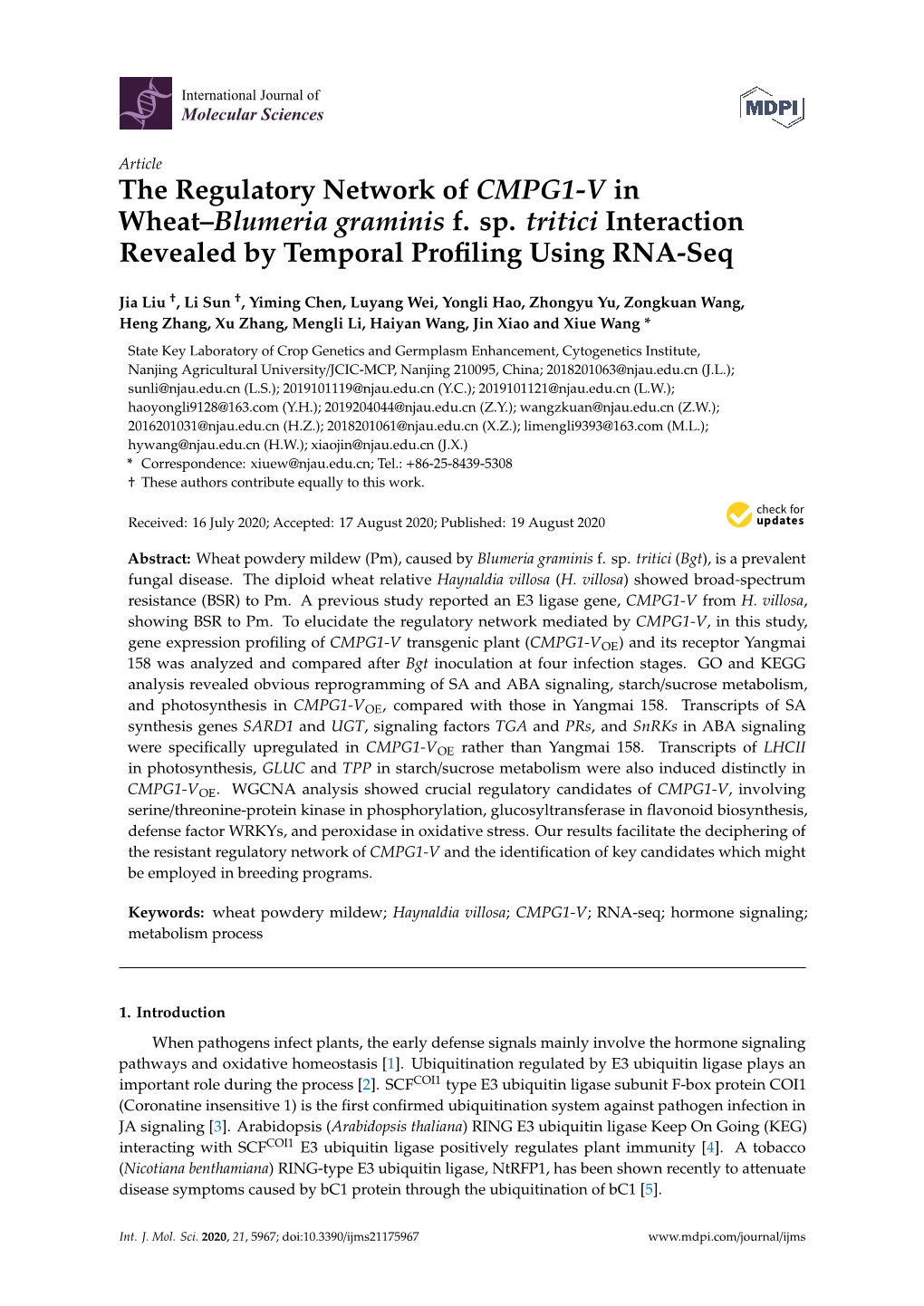 The Regulatory Network of CMPG1-V in Wheat–Blumeria Graminis F. Sp. Tritici Interaction Revealed by Temporal Profiling Using R