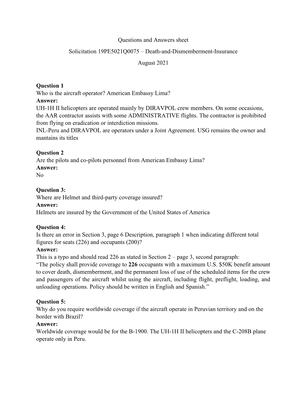 Questions and Answers Sheet Solicitation 19PE5021Q0075 – Death-And-Dismemberment-Insurance August 2021