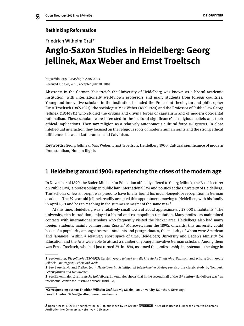 Anglo-Saxon Studies in Heidelberg: Georg Jellinek, Max Weber and Ernst Troeltsch