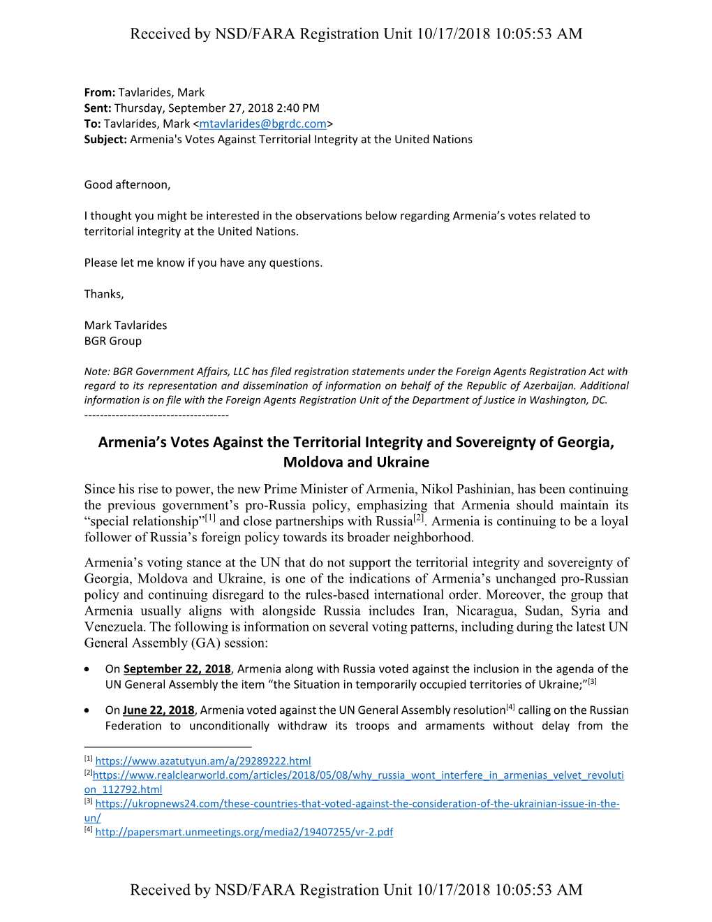 Armenia's Votes Against the Territorial Integrity and Sovereignty of Georgia, Moldova and Ukraine Received by NSD/FARA Regist