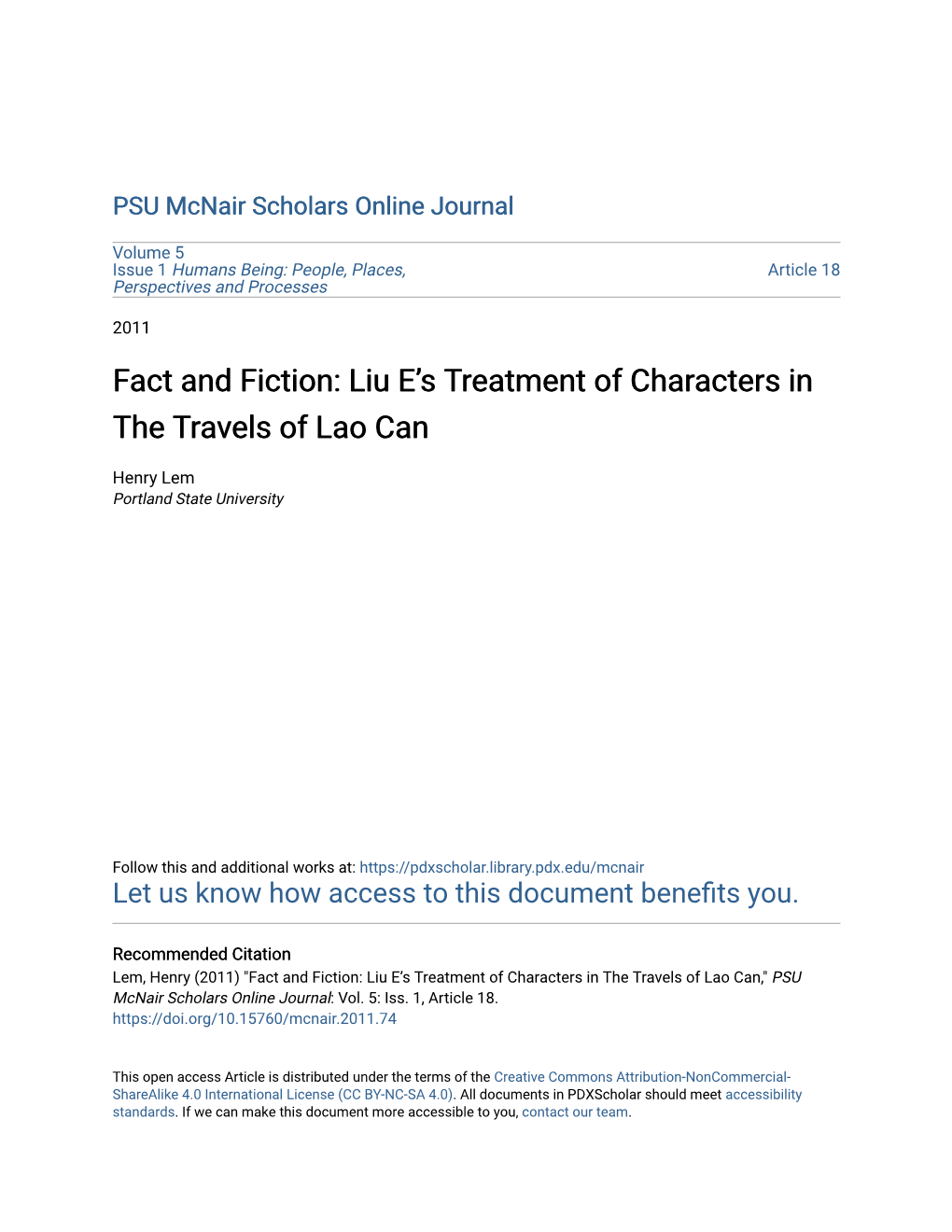 Liu E's Treatment of Characters in the Travels of Lao