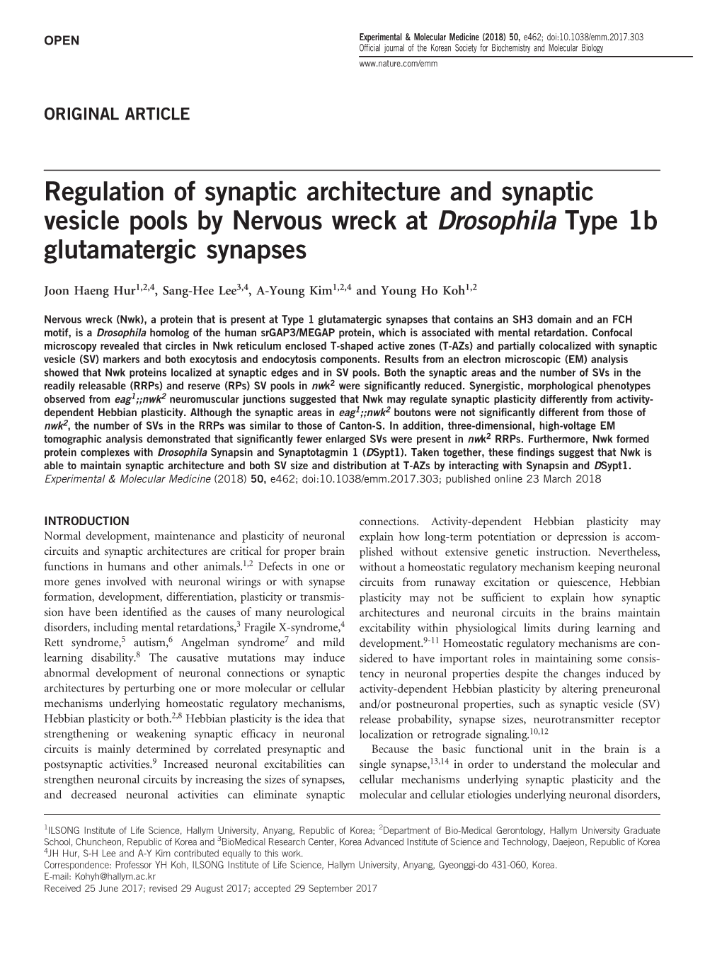 Regulation of Synaptic Architecture and Synaptic Vesicle Pools by Nervous Wreck at Drosophila Type 1B Glutamatergic Synapses