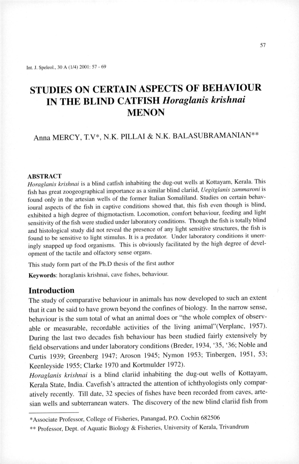 Studies on Certain Aspects of Behaviour in the Blind Catfish <Em