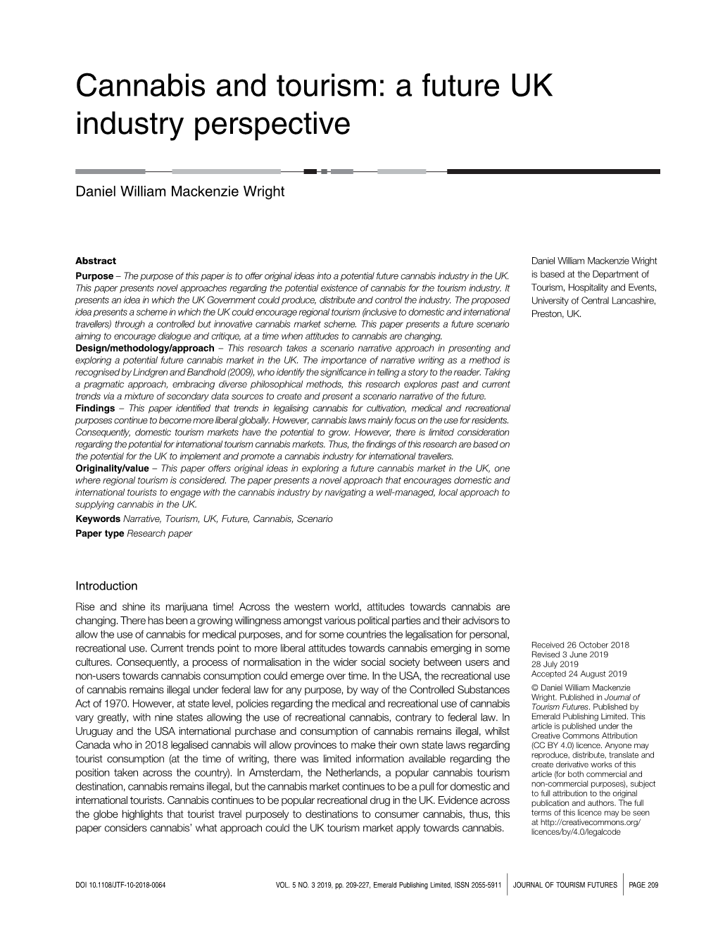 Cannabis and Tourism: a Future UK Industry Perspective