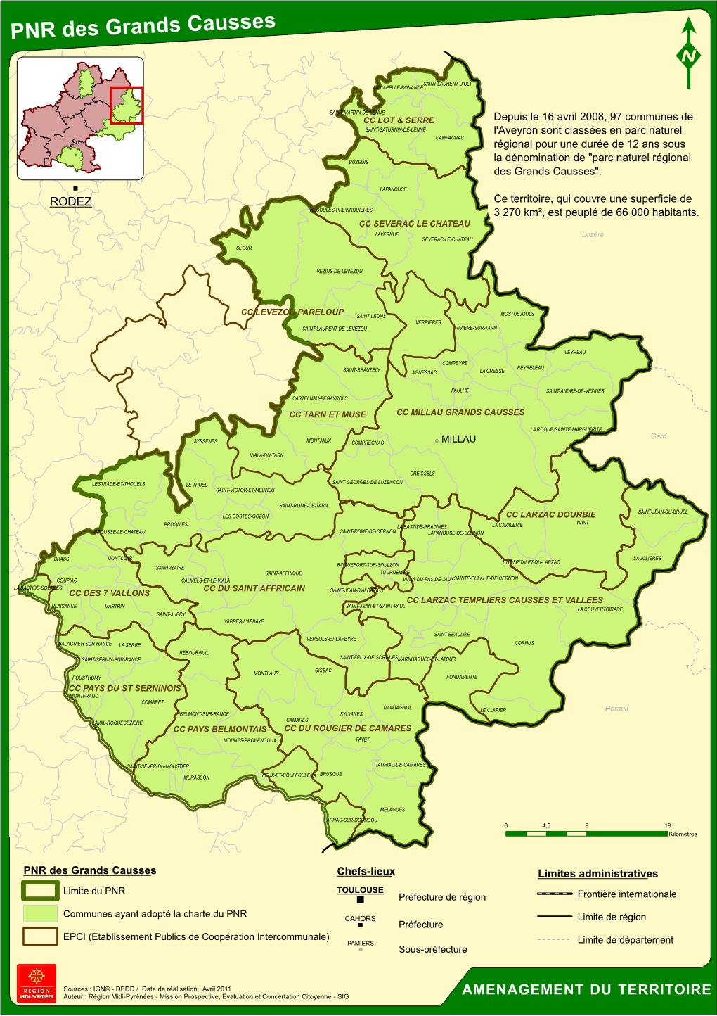 PNR Des Grands Causses Chefs-Lieux Limites Administratives Limite Du PNR TOULOUSE )" Préfecture De Région Frontière Internationale