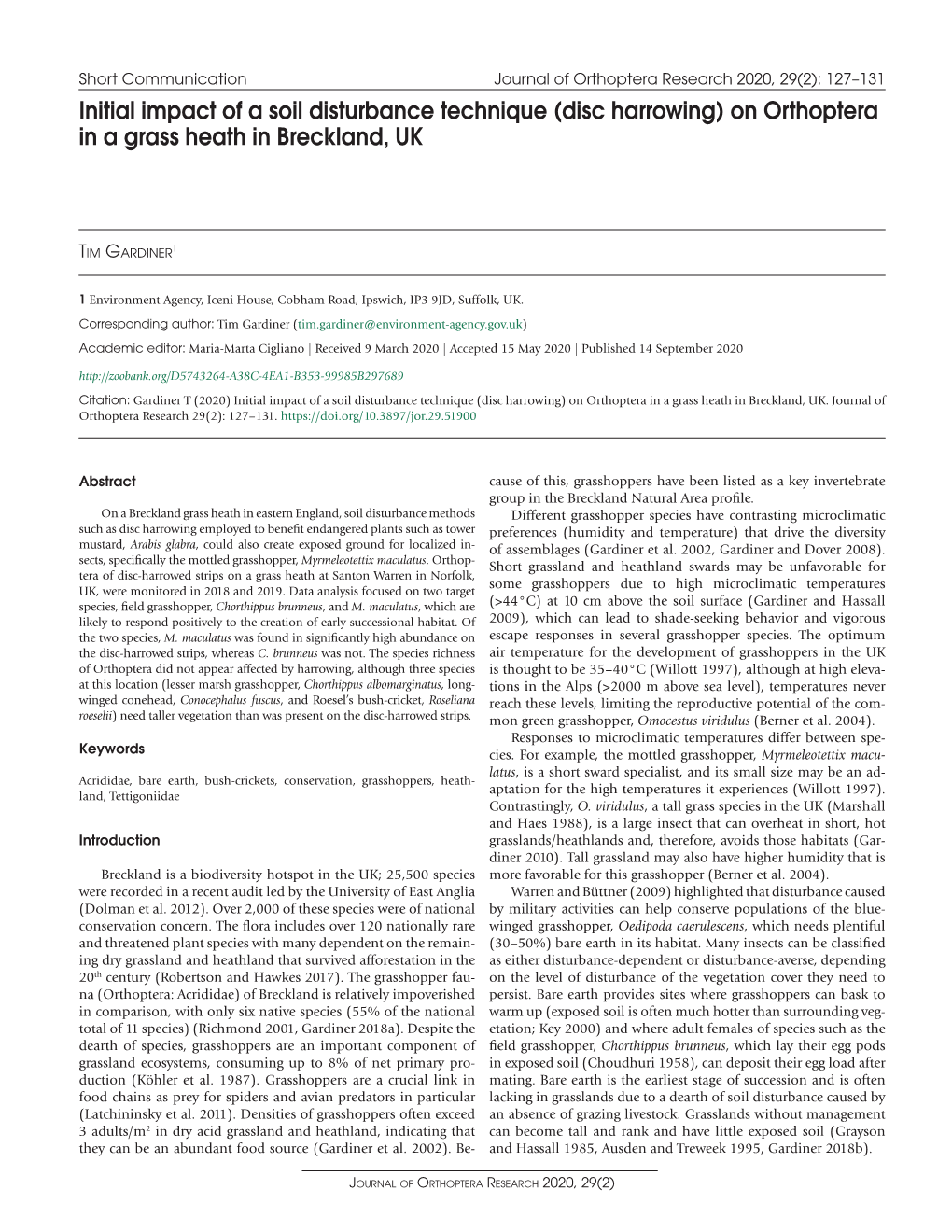 Initial Impact of a Soil Disturbance Technique (Disc Harrowing) on Orthoptera in a Grass Heath in Breckland, UK