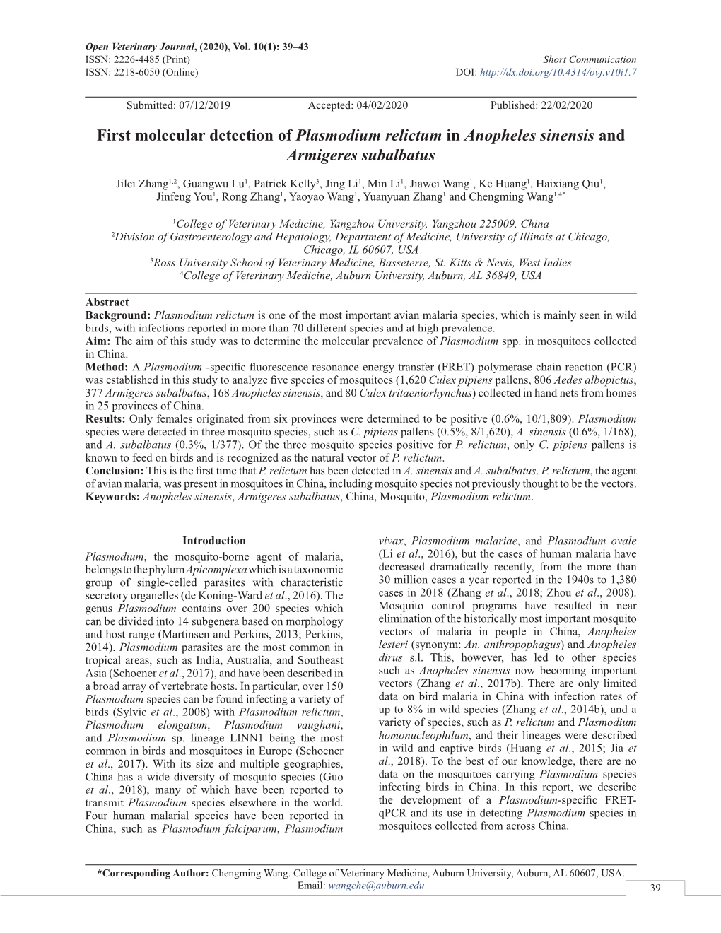 First Molecular Detection of Plasmodium Relictum in Anopheles Sinensis and Armigeres Subalbatus