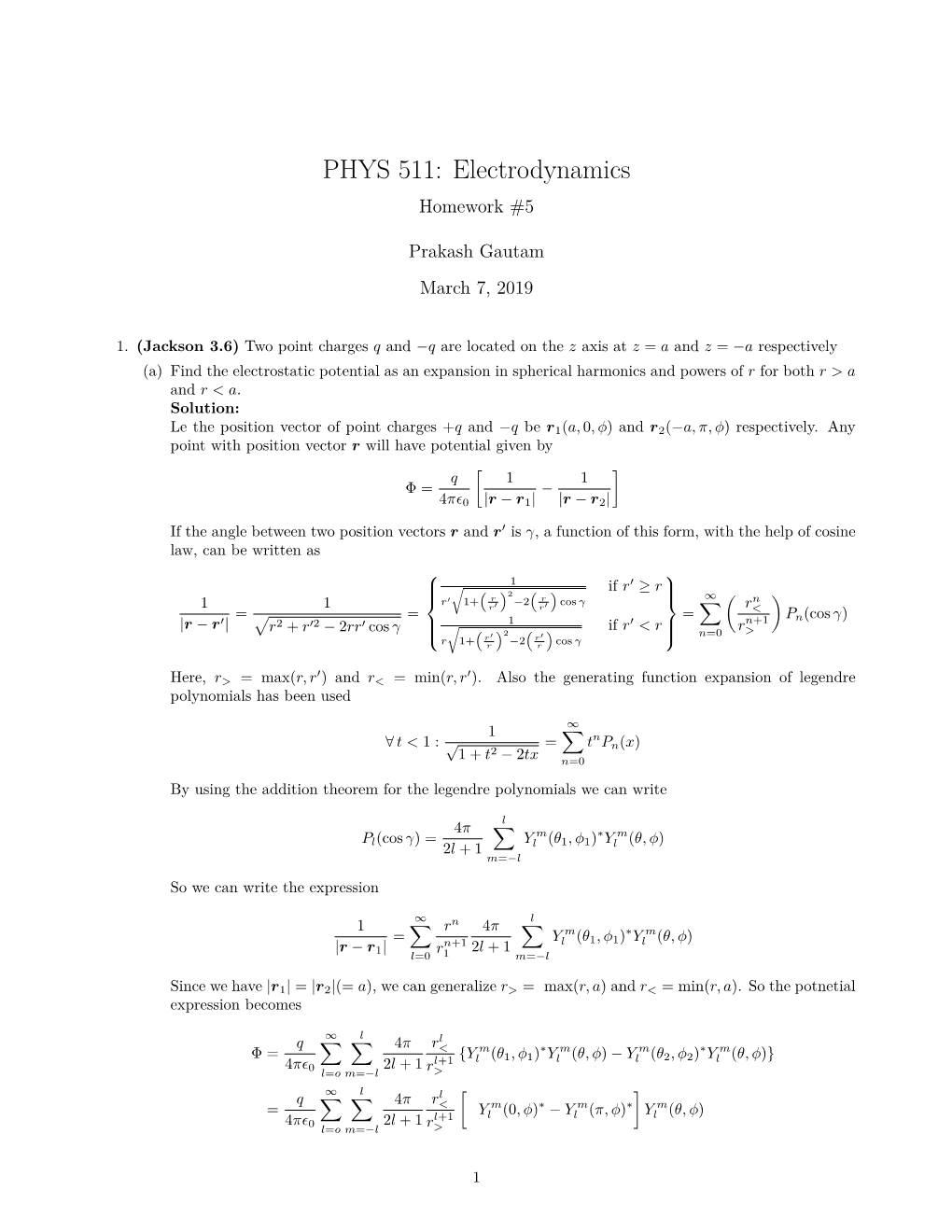 PHYS 511: Electrodynamics Homework #5