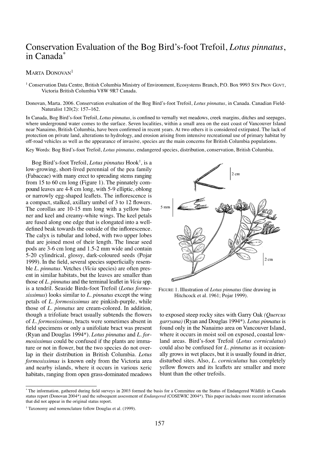 Conservation Evaluation of the Bog Bird’S-Foot Trefoil, Lotus Pinnatus, in Canada*