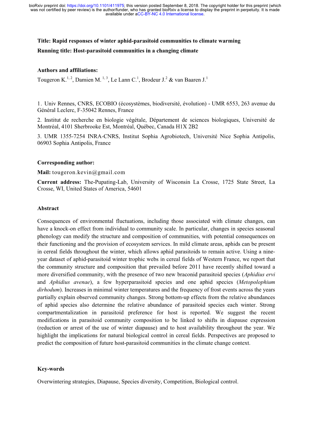 Rapid Responses of Winter Aphid-Parasitoid Communities to Climate Warming Running Title: Host-Parasitoid Communities in a Changing Climate