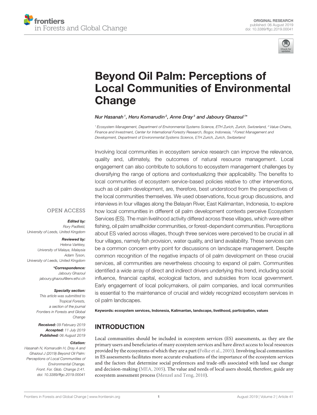 Beyond Oil Palm: Perceptions of Local Communities of Environmental Change
