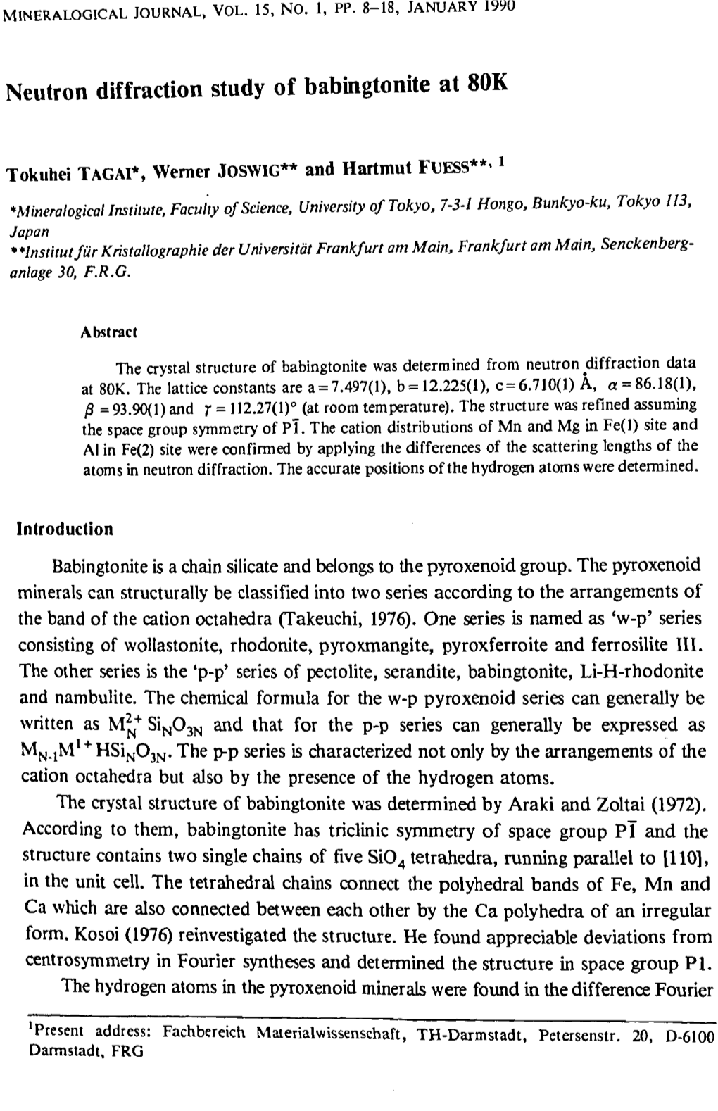 Neutron Diffraction Study of Babingtonite at 80K