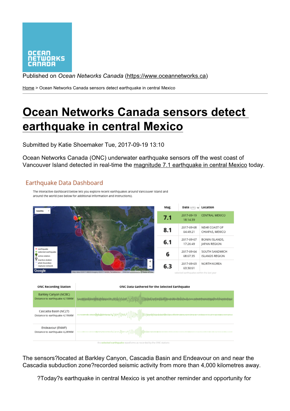 Ocean Networks Canada Sensors Detect Earthquake in Central Mexico