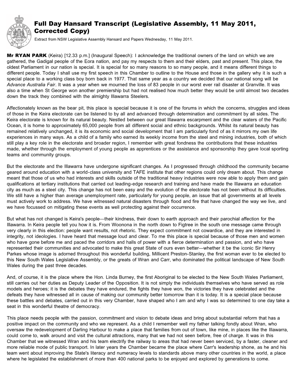 Full Day Hansard Transcript (Legislative Assembly, 11 May 2011, Corrected Copy) Extract from NSW Legislative Assembly Hansard and Papers Wednesday, 11 May 2011