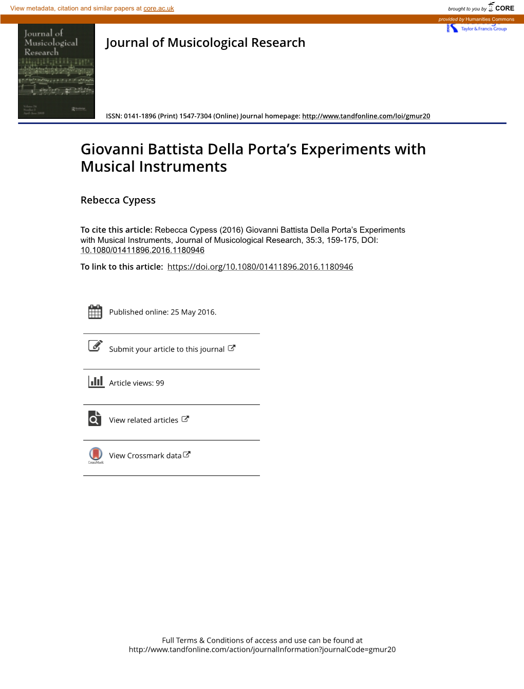 Giovanni Battista Della Porta's Experiments with Musical Instruments