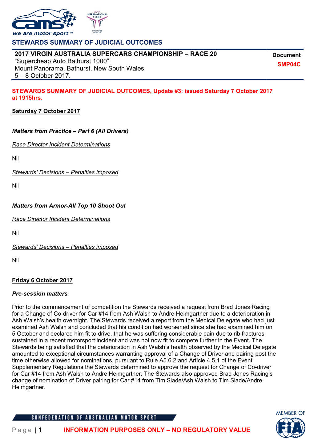 STEWARDS SUMMARY of JUDICIAL OUTCOMES Page